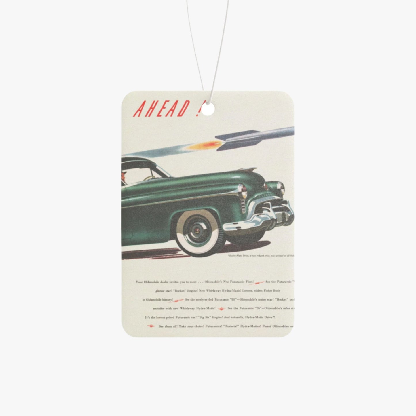 OLDSMOBILE ROCKET AHEAD AD (1950) VINTAGE CAR FRESHENER